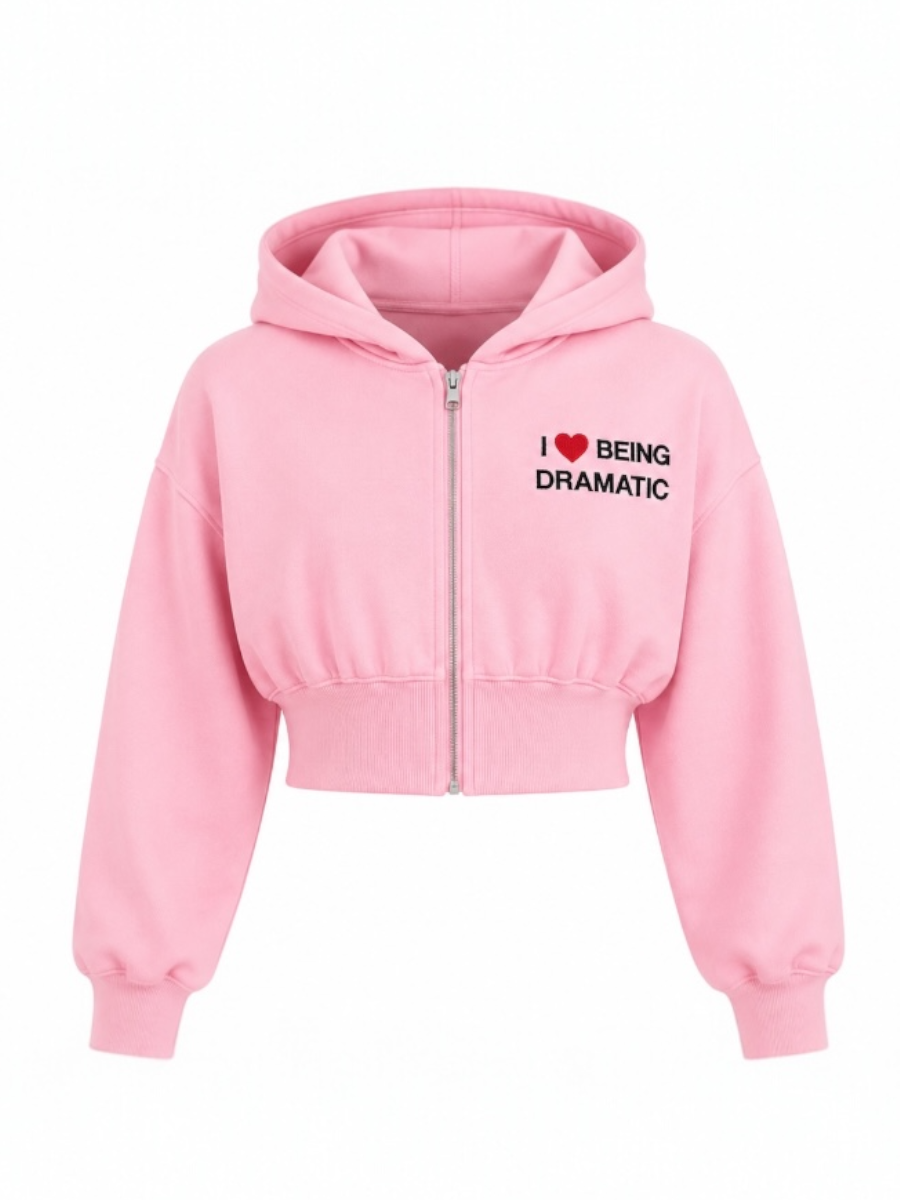 Photoroom_20260507_152021 I Love Being Dramatic Cropped Zip Hoodie – Pink - Image 1