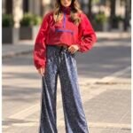Ανθρακί λεοπάρ βελουτέ παντελόνα wide-leg με πλαϊνή ρίγα — μπροστινή όψη