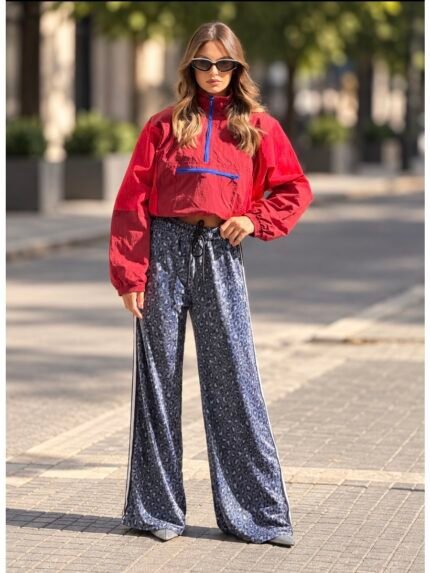 Ανθρακί λεοπάρ βελουτέ παντελόνα wide-leg με πλαϊνή ρίγα — μπροστινή όψη